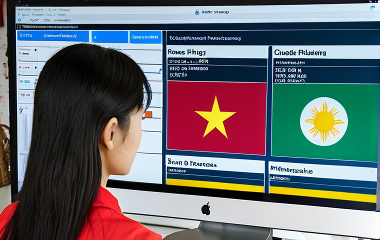 **
Global market research scene. A person analyzes data on a screen displaying various country flags and cultural icons (like Vietnamese Ao Dai), highlighting cultural nuances, economic factors, and international business environments. Include charts and graphs with marketing analytics data.
**